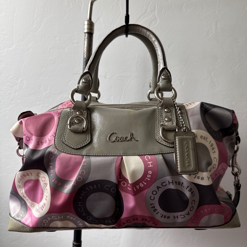 Coach Ashley Dot Satchel Pink Grey Multi Color Logo Bag F15448